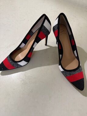 INC International Concepts Red Black White Block-Stripe Pointed Pumps